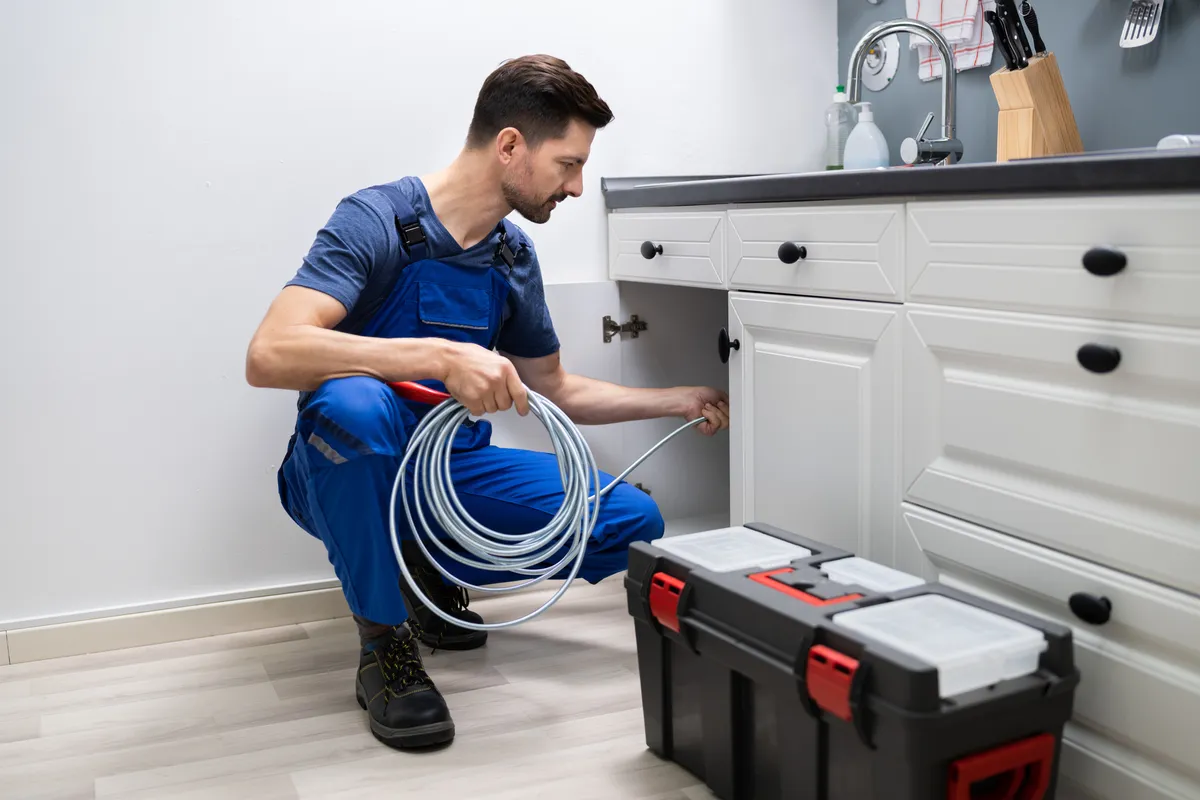Técnico com cabo de desentupimento embaixo da pia da cozinha